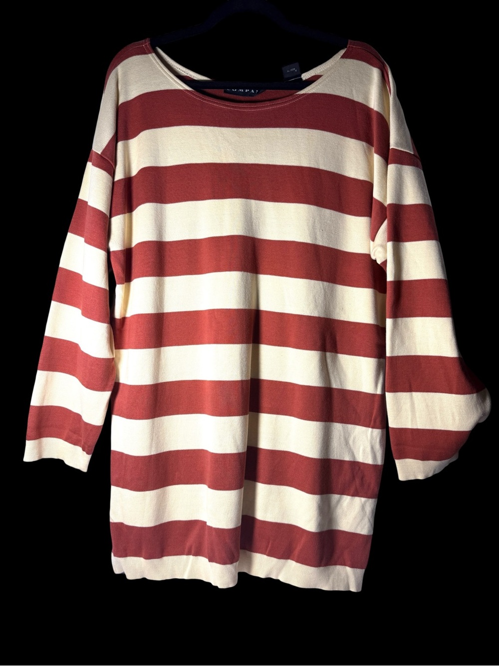 Striped Crewneck Cotton Sweater - Orangey-Red & Cream